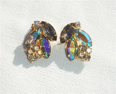 Vintage Gold Tone Multi Colored Rhinestone Clip On Vintage Earrings Earrings
