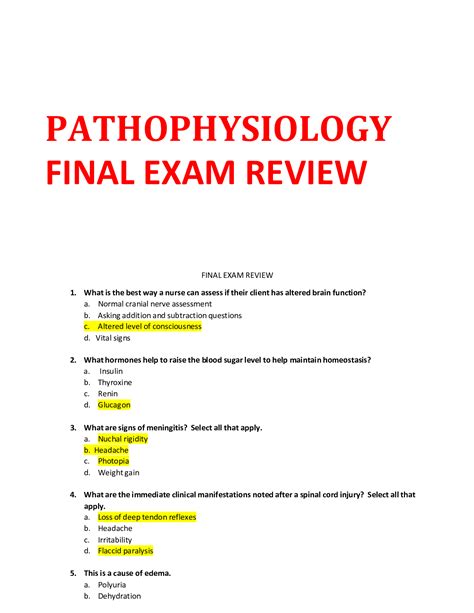 Pathophysiology Final Exam Review Browsegrades