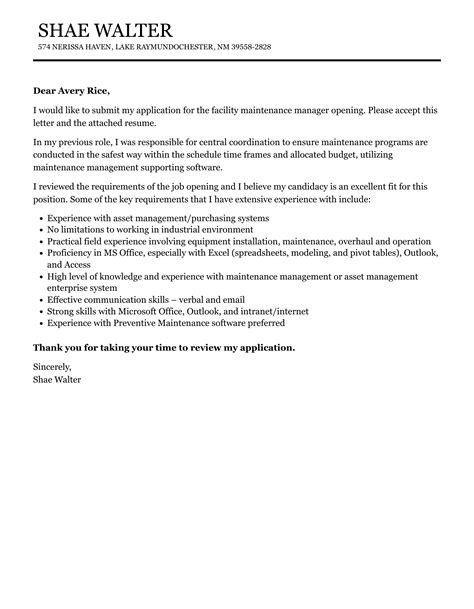Facility Maintenance Manager Cover Letter Velvet Jobs