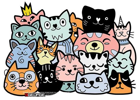 Doodle Cats Groupdifferent Species Of Cats Vector Illustration