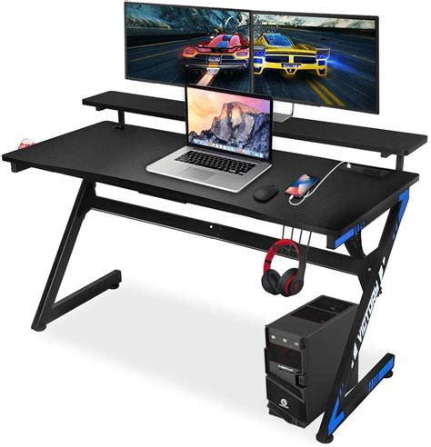Gaming Computer Desk 55 Inch Large Gaming Table Z Shape Black Racing