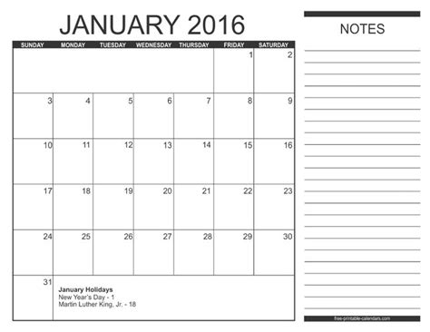 The January 2016 Calendar Is Shown In Black And White With Notes