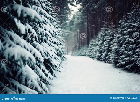 Beautiful View Of The Snow Covered Pathway Surrounded By Pine Trees