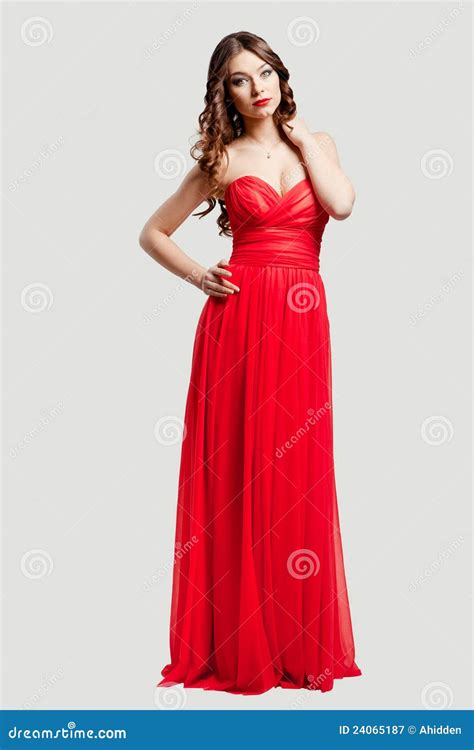 Beautiful Female Fashion Model In Red Dress Stock Image Image Of Long