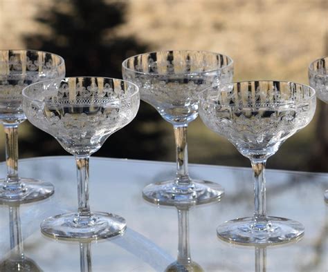 Vintage Needle Etched Cocktail Glasses Set Of 6 Circa 1920s Antique Needle Etched Champagne