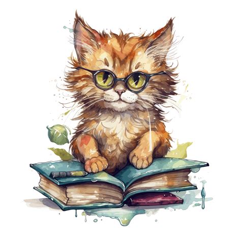 Watercolor Cute Cat Wearing Glasses Reading A Book 23743560 Png