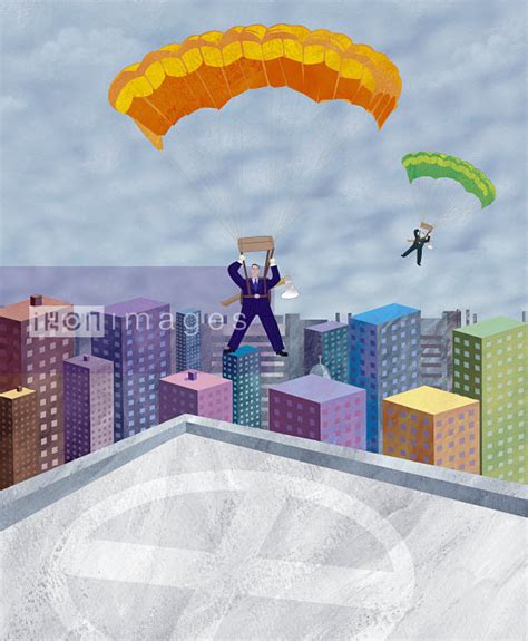 Stock Illustration Of Businessmen In Parachutes Landing On Rooftop
