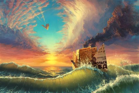 Russian Nature Landscape Ship Water Sea Clouds Digital Art