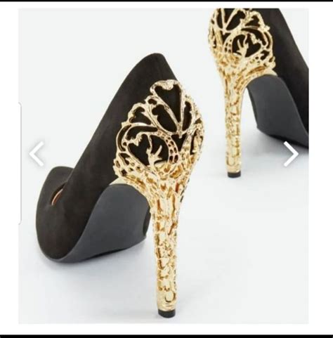 Gorgeous Just Fab Gold Black Heels In 2020 Stiletto Heels Embellished Heels Gold And Black Heels