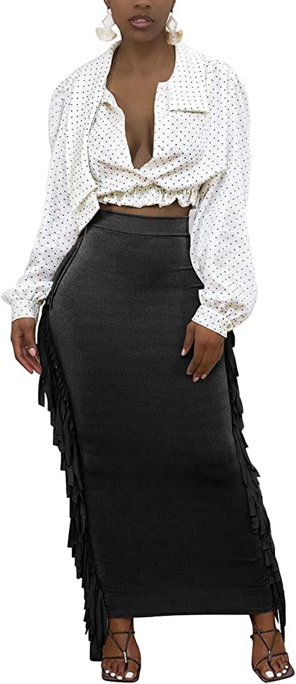 Women Fringe Bodycon Skirt High Waist Solid Color Side Tassels Long Skirt Casual