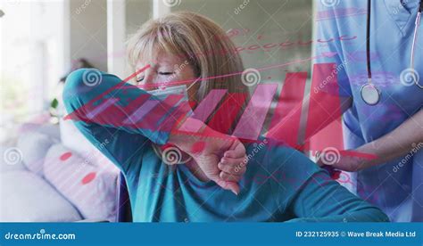 Animation Of Graph Over Caucasian Senior Woman And Nurse Wearing Face