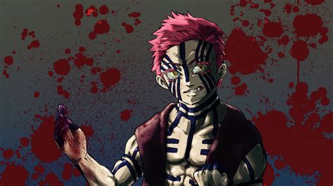 Demon Slayer Akaza With Red Hair Background Of Black Red And Blue Hd