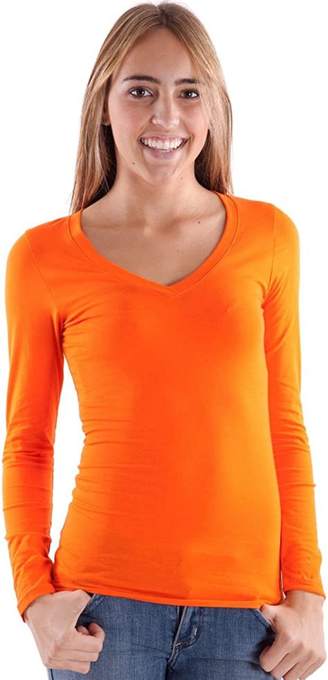 Finebrandshop Orange Ladies V Neck Long Sleeve T Shirt At Amazon Women