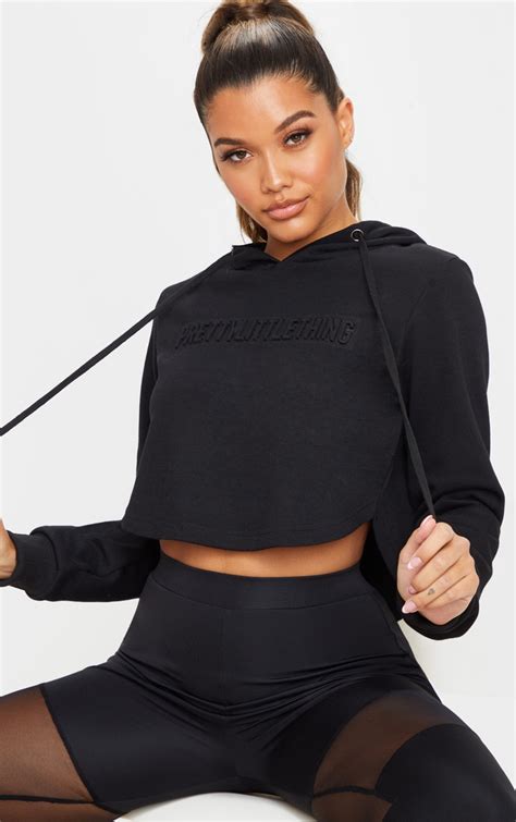 Plt Black Embossed Cropped Sports Hoodie Prettylittlething