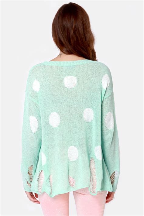 Cute Mint Sweater Polka Dot Sweater Shredded Sweater 4650