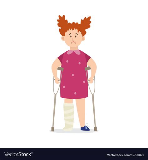 Child Girl With Injury Leaning On Crutches Flat Vector Image