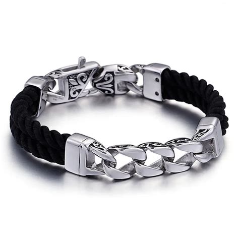 Punk Style Stainless Steel Chain Leather Bracelet Black 220mm Bracelets