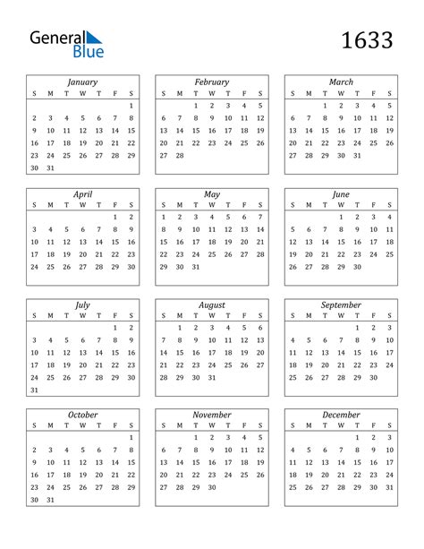 1633 Calendar Pdf Word Excel