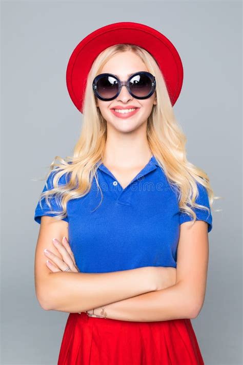 221 Pretty Blonde Woman Smiling Camera Wearing Hipster Glasses Stock