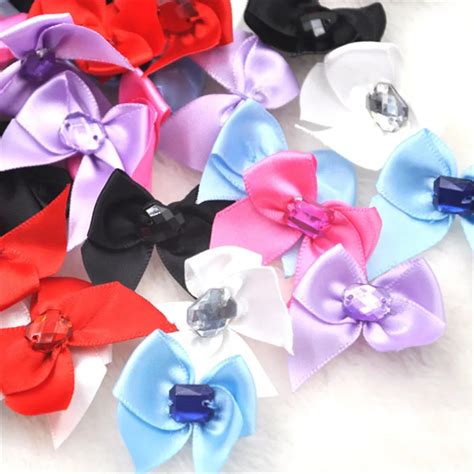 40pcs satin ribbon bows with rhinestone appliques craft wedding a065 artificial flowers