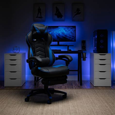 Ofm 110 Racing Style Gaming Chair With Footrest Leather Blue Gaming