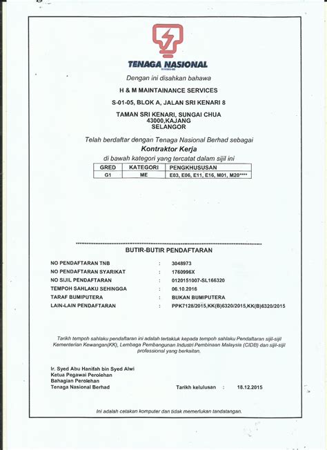 001/05) atau borang pembaharuan pendaftaran kontraktor kerja awam dan elektrik (pkk no: H&M MAINTAINANCE SERVICES: kontraktor kerja TNB