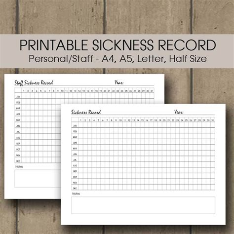 Sickness Record Keeper Printable Sickness Planner Staff Etsy