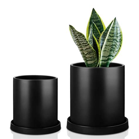 Plant Pots Black Matt Ceramic Planter With Drainage Hole And Saucer Set
