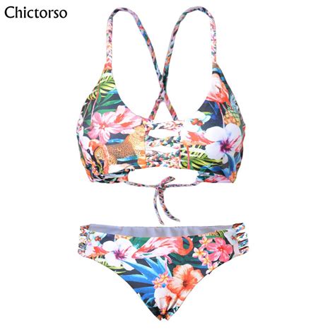 Chictorso Lace Up Bikinis Floral Sexy Cut Out Brazilian Swimsuit Women Swimwear Summer Beachwear