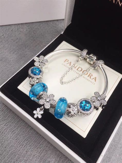 Pandora Blue Flower Charm Bracelet With 9 Pcs Blue Flower Charms