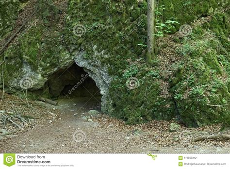 Small Cave Entrance Hole In The Moss Covered Rock Stock Photo Image