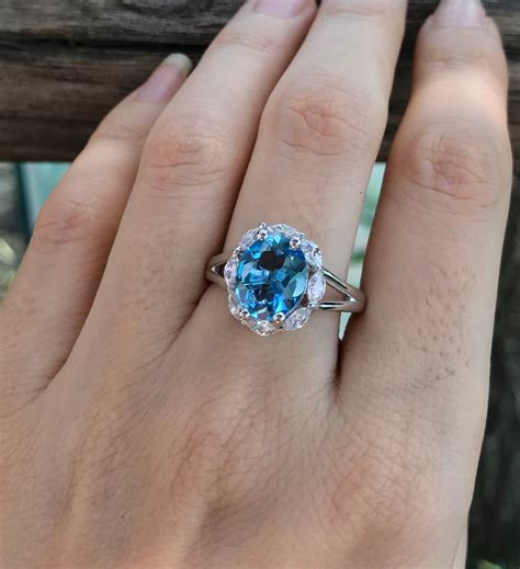 Swiss Blue Topaz Halo Solitaire Ring Oval Blue Topaz Anniversary Split Ring Unique Blue