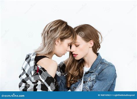Sensual Lesbian Couple Able To Kiss Isolated On Grey Stock Image Image Of Partnership Tender