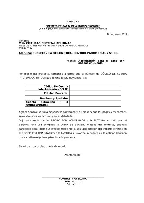 Codigo De Cuenta Interbancario Anexo Vii Formato De Carta De