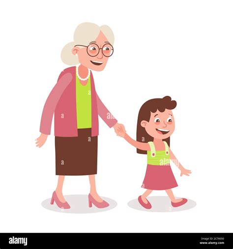 Abuela Y Nieta Caminando La Toma De La Mano Estilo De Dibujos