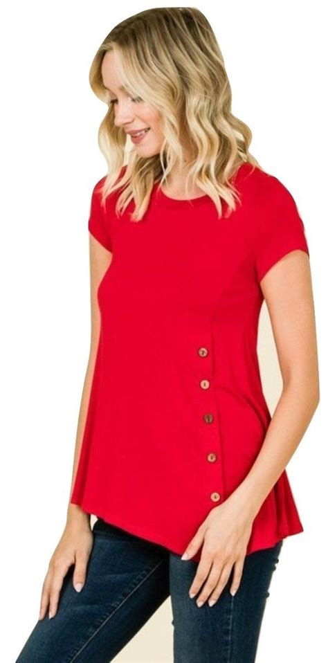 Womens Solid Red Tunic Top Side Buttons Smlxl Red Tunic Top