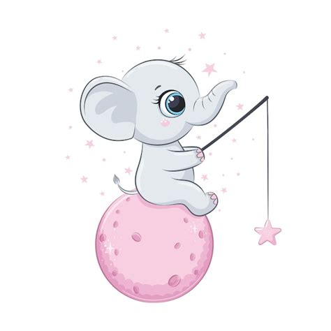 Lindo Bebé Elefante Con Luna Y Estrellas Ilustración Vectorial