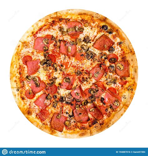 Fresh Tasty Pizza With Pepperoni Hat And Mushrooms Isolated On White