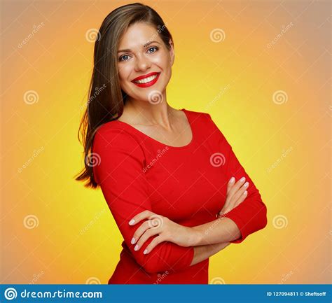 Portrait Of Smiling Confident Woman In Red Dress Stock Image Image Of Happy Person 127094811