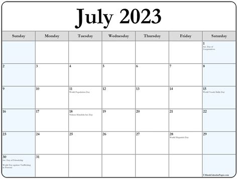 July 2023 Calendar With Holidays