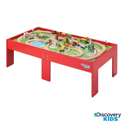 Toy train table set wood kids storage bins 100 pieces colorful children's play. Discovery Kids Wooden Table Train Set - Overstock - 7456211