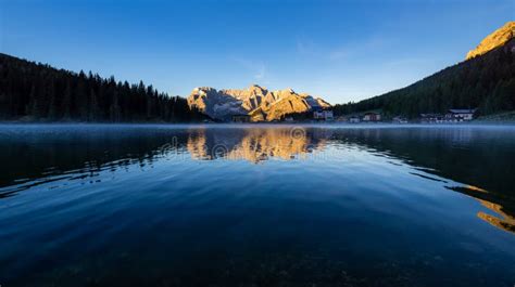 Lake Misurina At Sunrise Dolomite Mountains Italy Stock Image Image