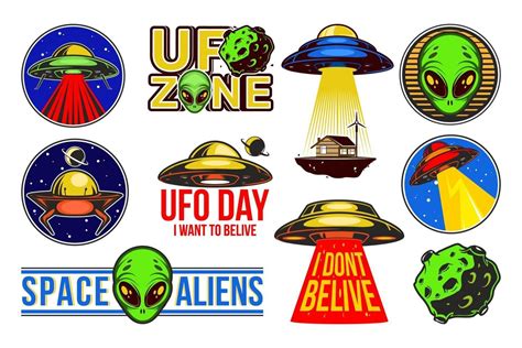 Big Aliens Logo Set Ufo Day Colorful Badges With Spaceships Vector