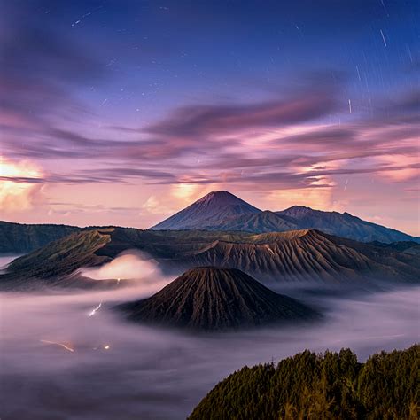 2048x2048 Calm Volcano Landscape In Fog Ipad Air Wallpaper Hd Nature