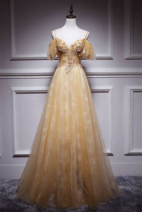 Champagne Tulle Lace Long Prom Dress Champagne Evening Dress Dresstby
