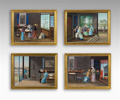Four Qing Dynasty Chinese Export Paintings Of Interiors Bada