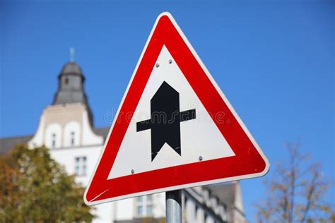 Crossroads Warning Sign In Europe Stock Image Image Of City Germany