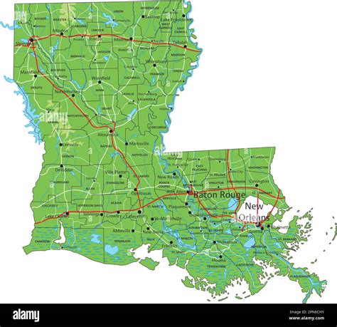 High Detailed Louisiana Physical Map With Labeling Stock Vector Image