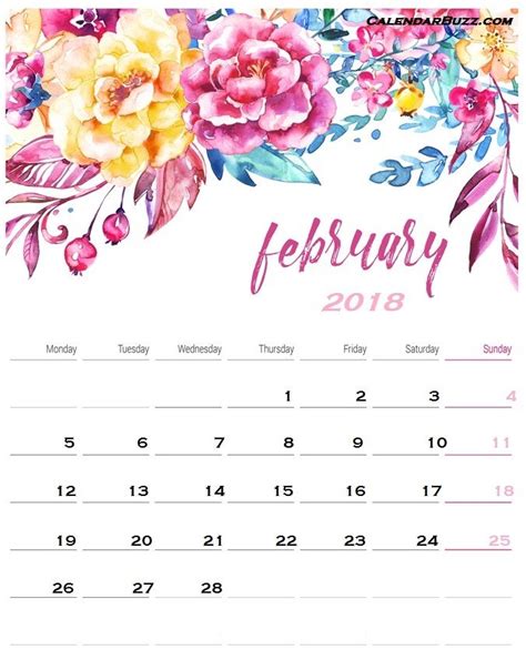 February 2018 Floral Calendar Monthly Desk Calendar Free Printable