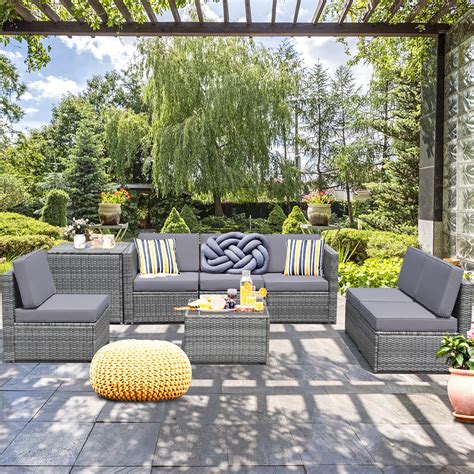 Gymax 8 Pc Outdoor Patio Sectional Set Gray Rattan With Table